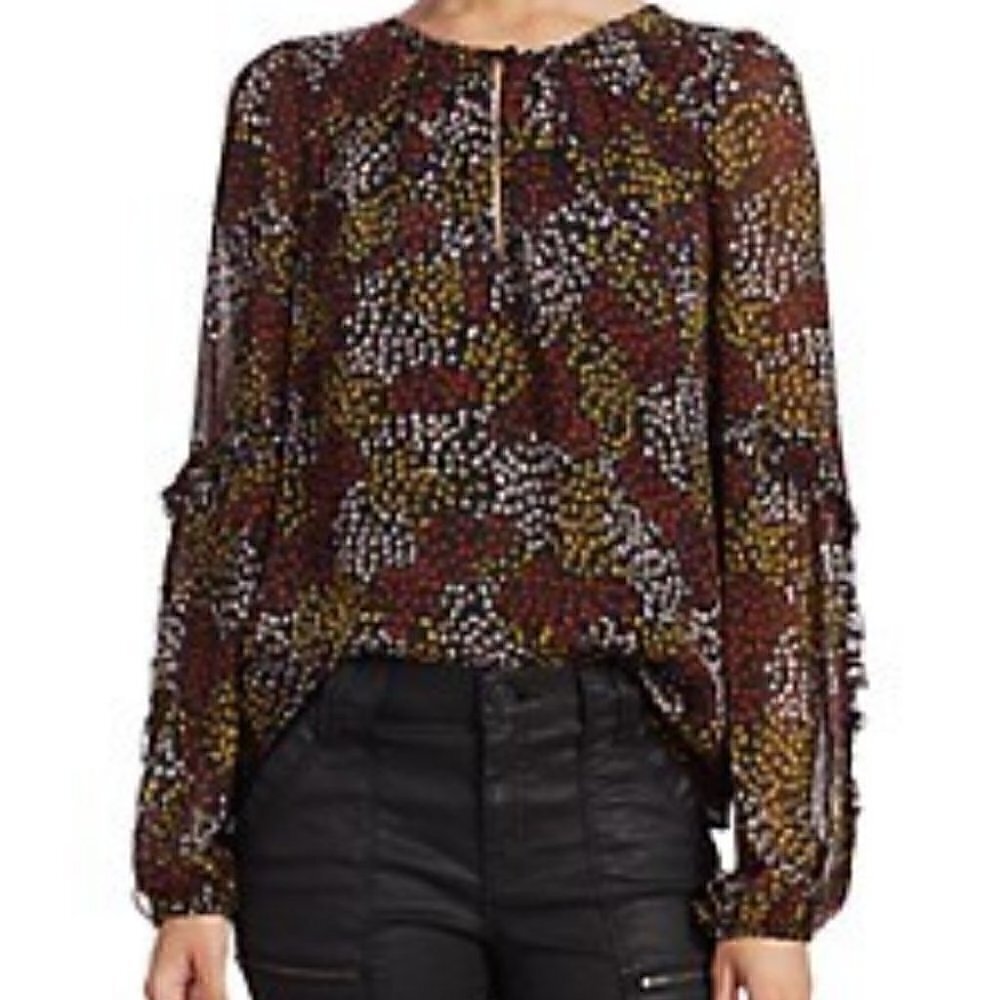 Joie Baltasar Ruffle Trim Floral Print Silk Chiffon Billowy Blouse Top S…